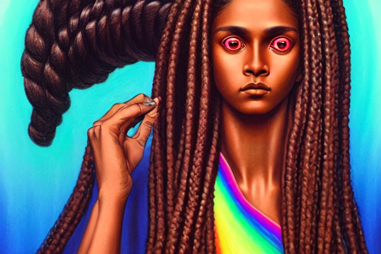 KREA patron saint of 🫀🌈👩🏿🦱, brown skin, long braids, perfect face