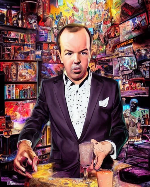 hyperrealistic doug stanhope full body portrait in a strip club after