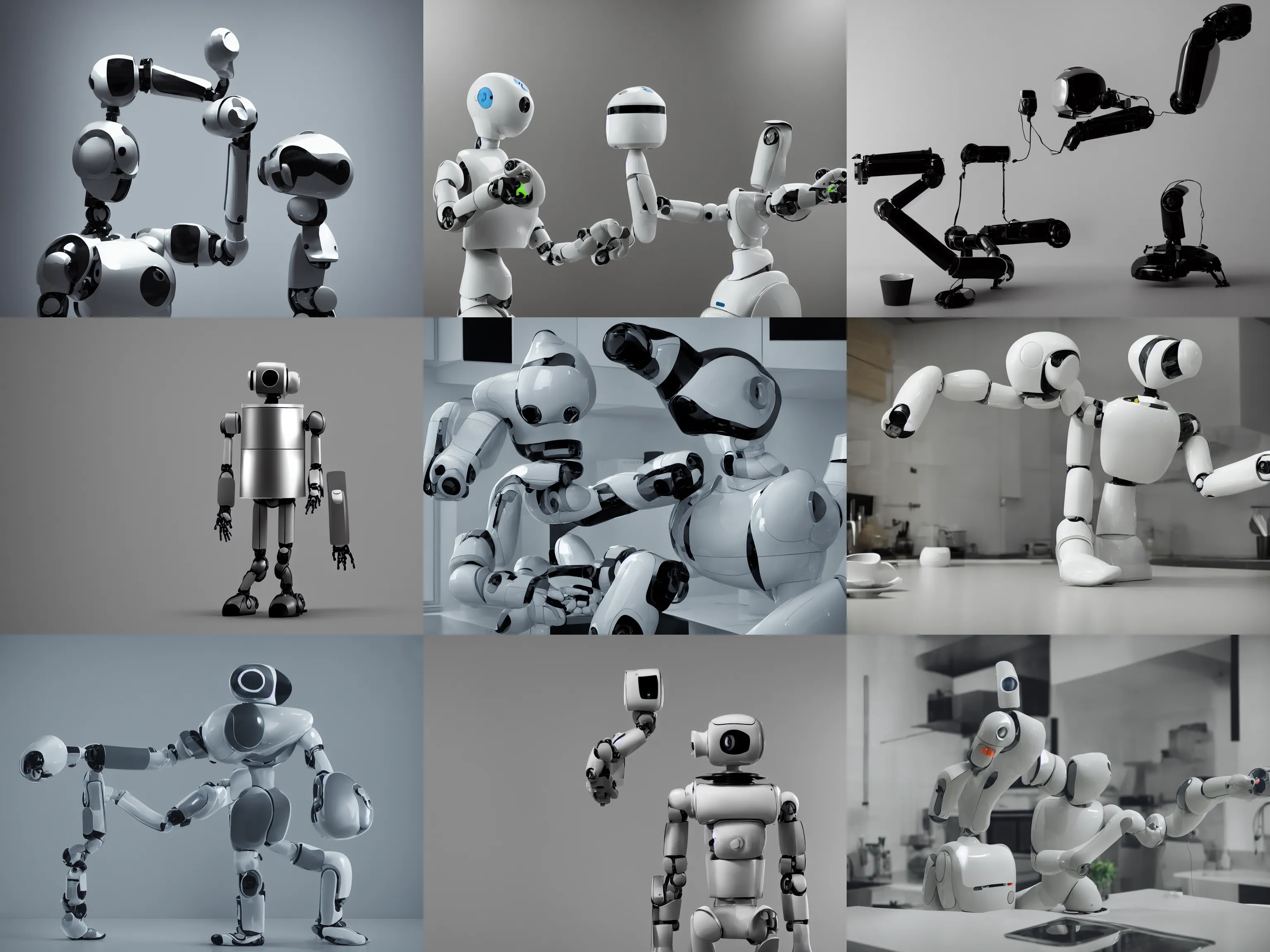 KREA flat low contrast image of an organic robot in a minimal kitchen