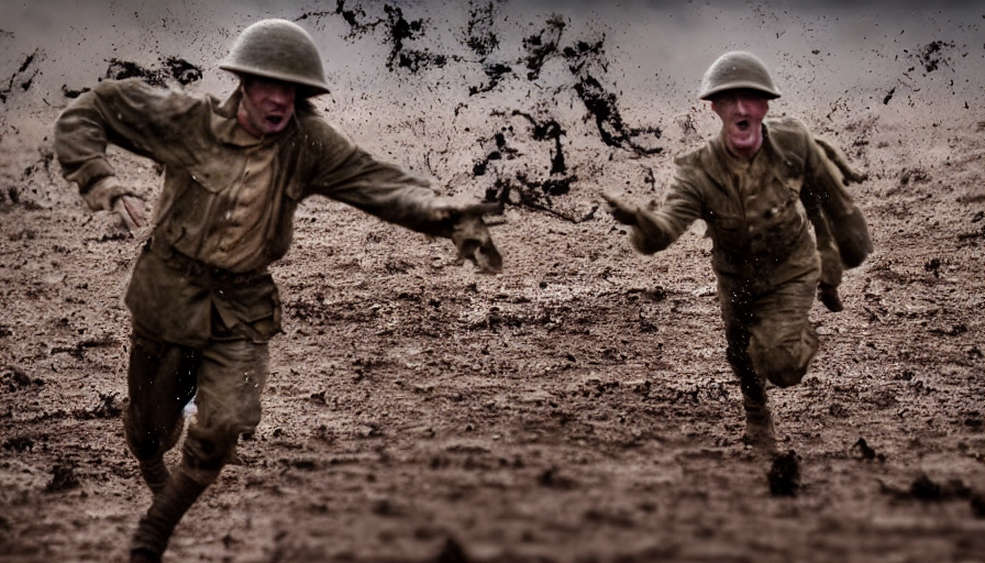 KREA screaming World War 1 soldier running away, wartorn landscape
