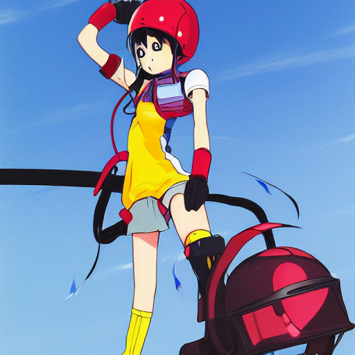 anime girl with futuristic helmet, black hair with red highlights