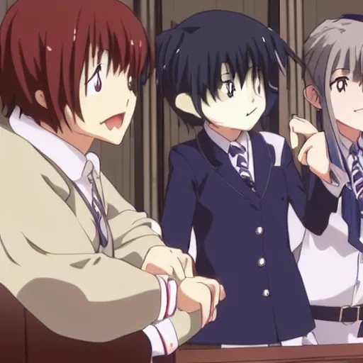 cute anime girl bribing the district attorney. Key Frame, still from tv anime, Kyoto animation studio, cute anime girl bribing the district attorney. Key Frame, still from tv anime, Kyoto animation studio,