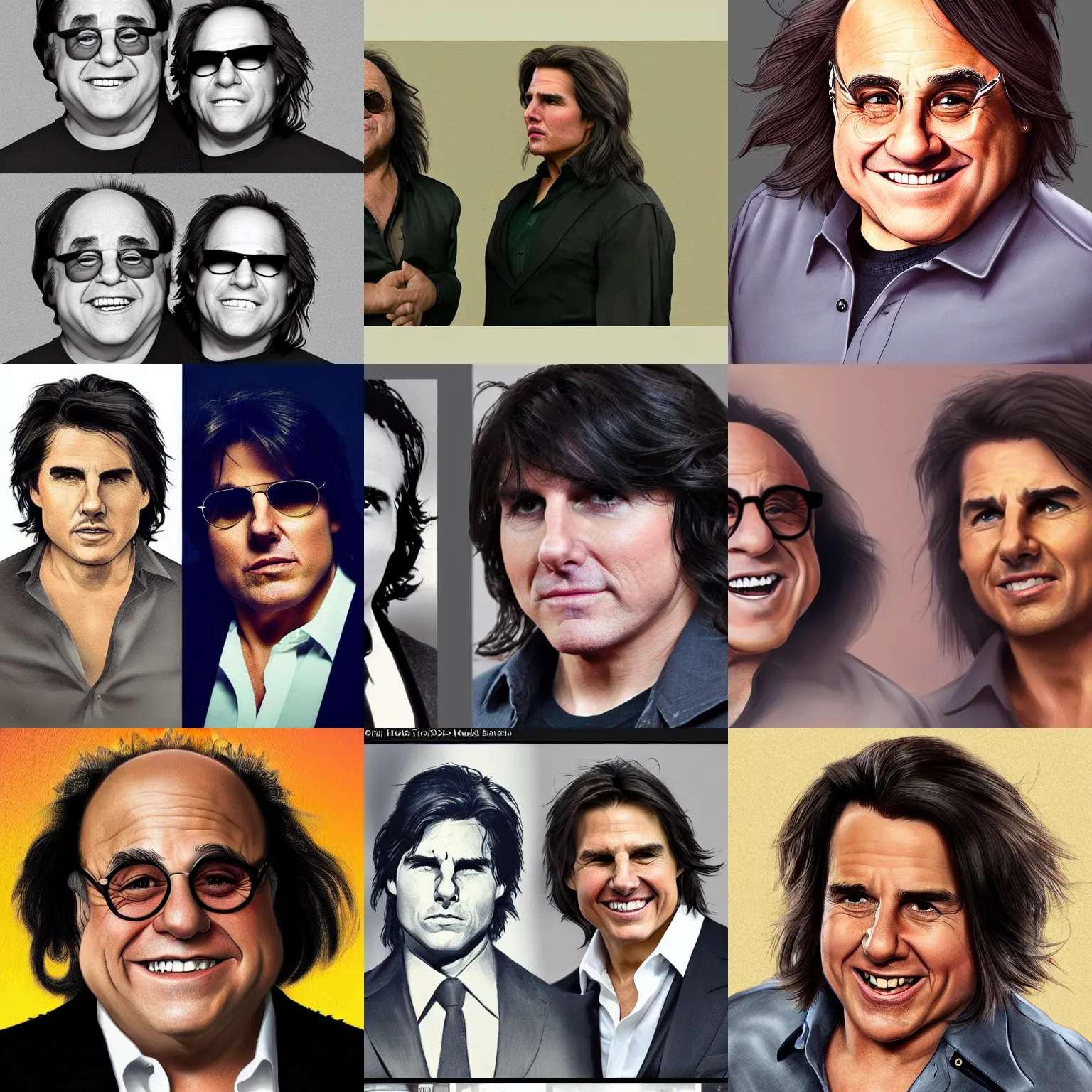 danny devito with tom cruise\'s hair, full head of hair, long flowing hair and danny devito with tom cruise\'s hair, full head of hair, long flowing hair and