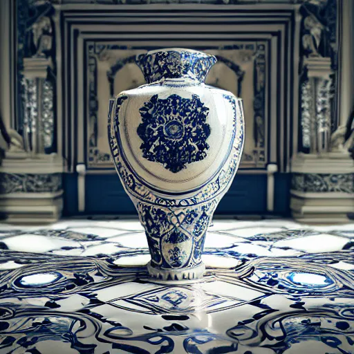 KREA An ornate baroque vase breaking on the marble tile floor