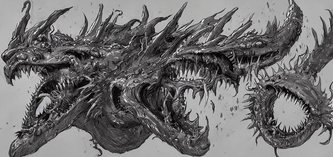 KREA - concept art of dragon attack, lovecraftian, lots of teeth