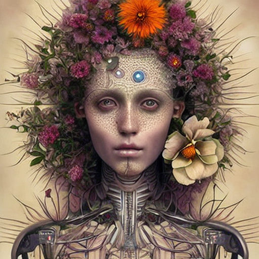 KREA humanoid robot, flowers growing from skin, highly detailed, expressive eyes, beautiful