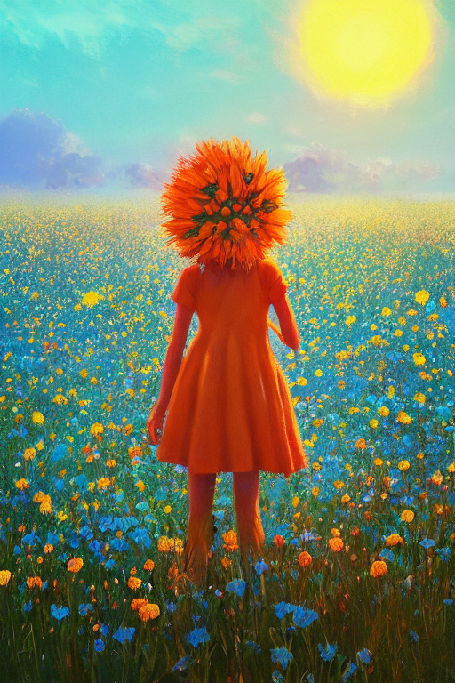 KREA closeup, giant flower head, girl standing in a field of flowers