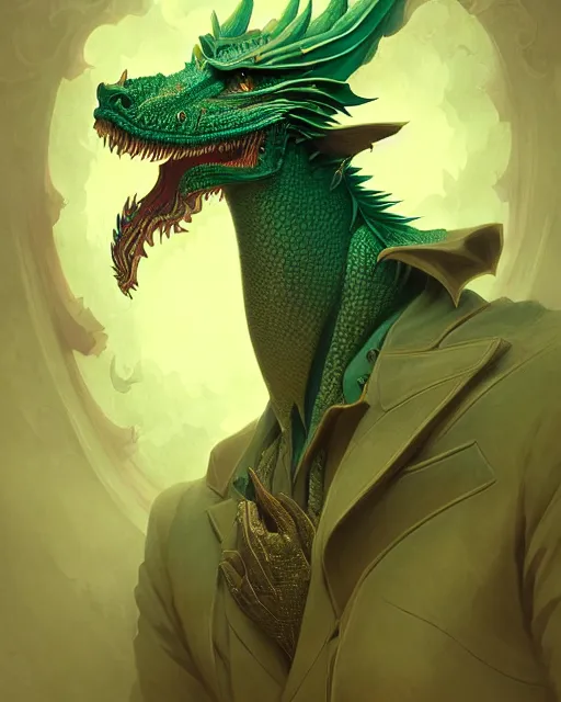 KREA anthropomorphic art of a detective dragon, green dragon