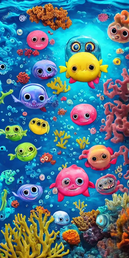 colorful cloudy deep sea under water with strange cute friendly happy creatures with huge eyes, mouth, colorful cloudy deep sea under water with strange cute friendly happy creatures with huge eyes, mouth,