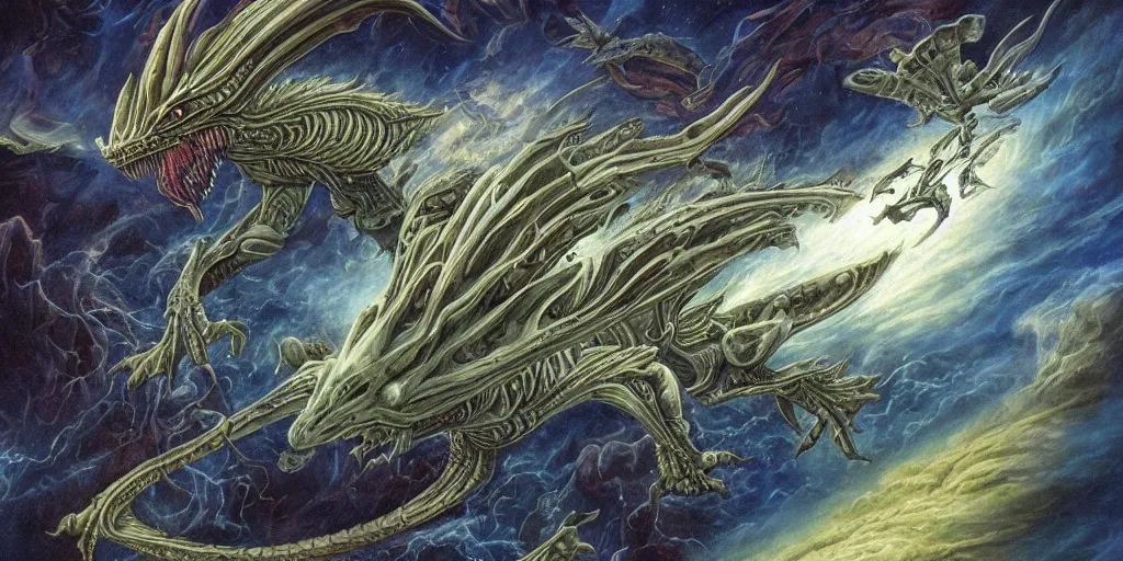 KREA an alien dragon flying through space, Dan Seagrave art