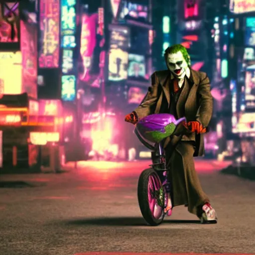 KREA the joker from batman riding a tricycle in a neotokyo street