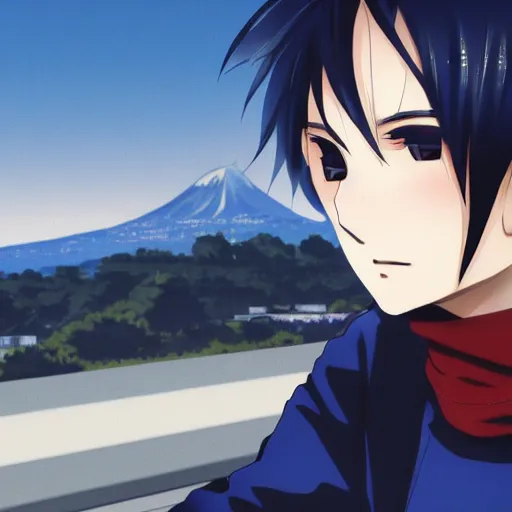 KREA - close up of a high definition anime guy with short dark blue hairand black streetwear clothing riding a dark red 1996 Hyundai Accent carwith armenia quindio in the