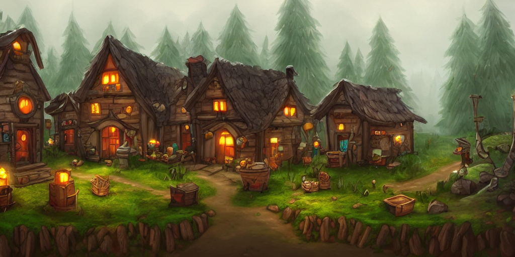 village in the woods with an apothecary shop, ominous mist, high