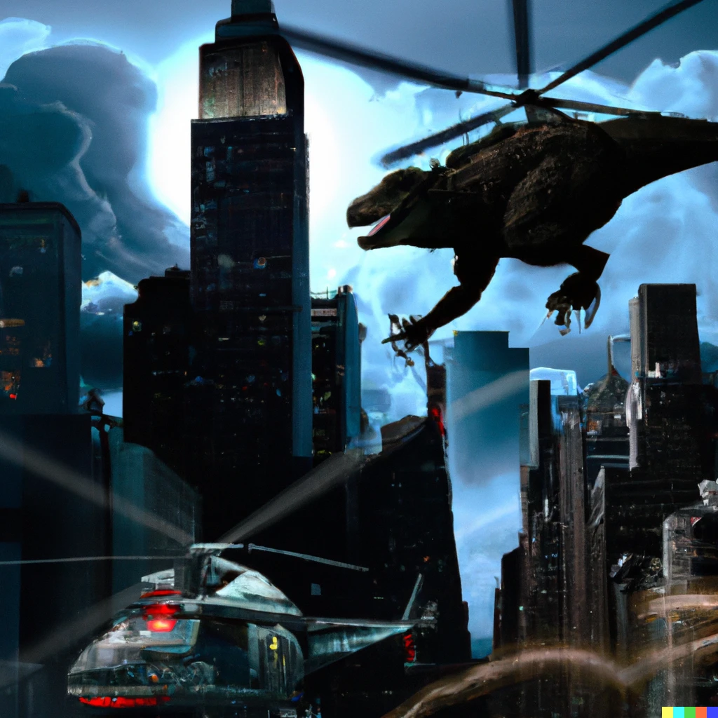 KREA Godzilla wreaking havoc on New York, dark night with strong moonlight and helicopters