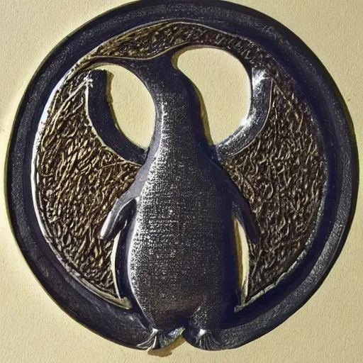 KREA Metalwork of a penguim, medieval art, fragmented metal medieval