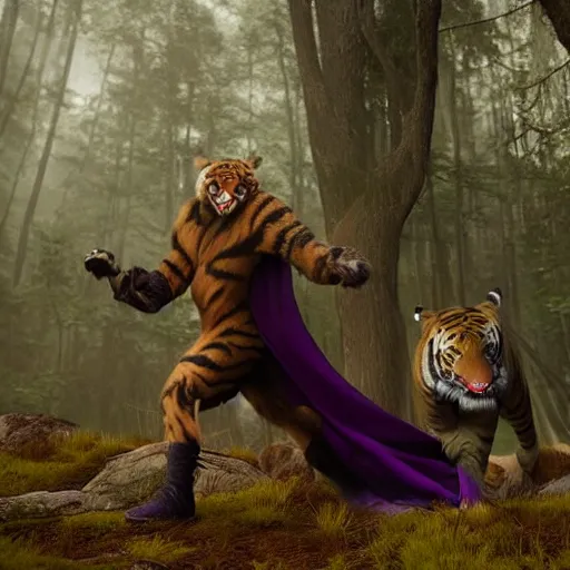 a painting of a menacing sabretooth tiger walking next to a druid in leather armor with a painting of a menacing sabretooth tiger walking next to a druid in leather armor with