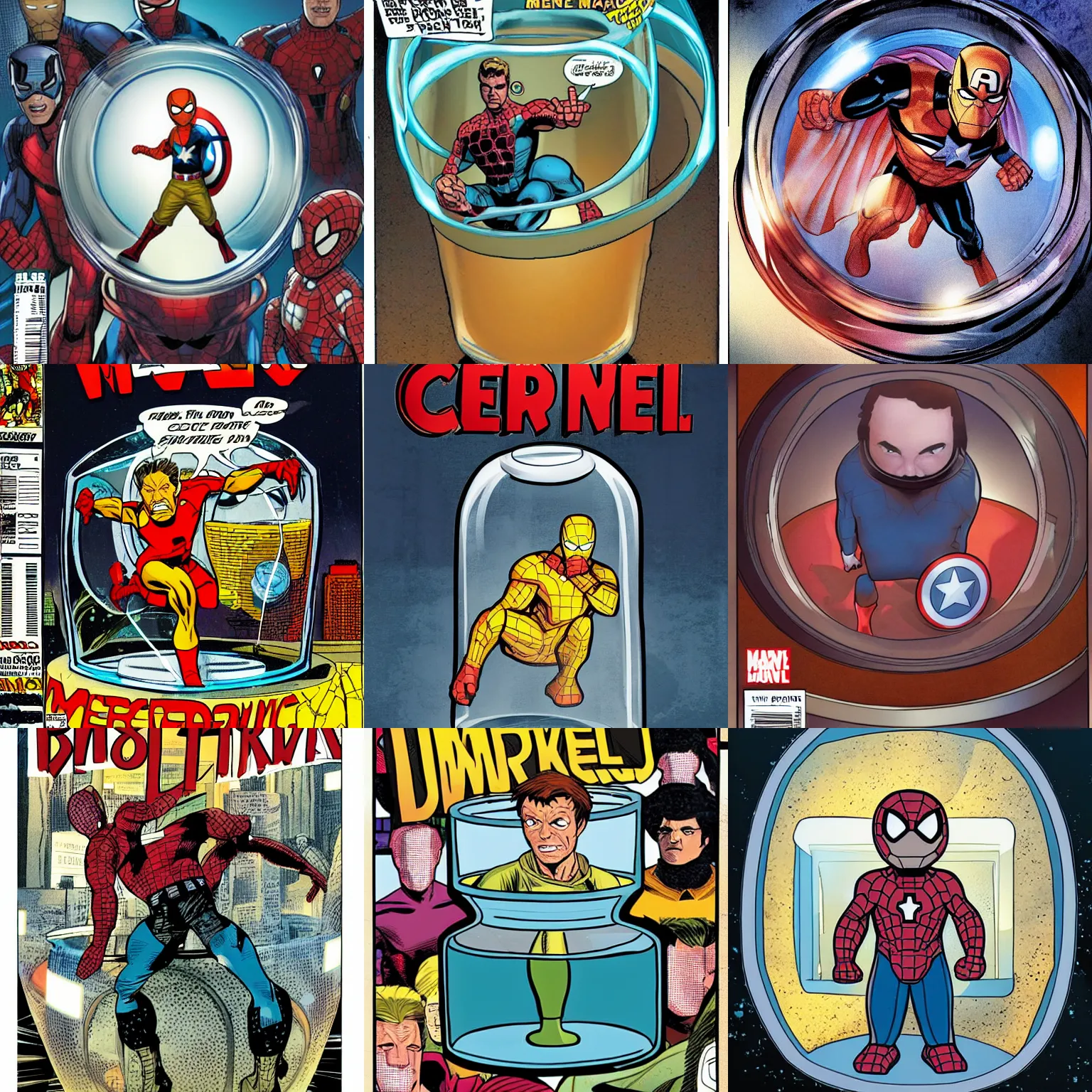 Marvel comic cover art, of a tiny man inside a glass beaker Marvel comic cover art, of a tiny man inside a glass beaker