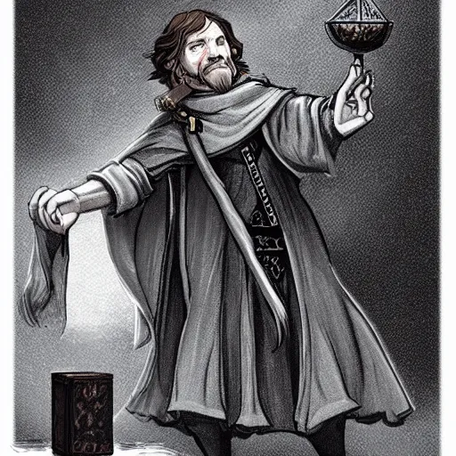 KREA Young John Malkovich with short brown hair and brown beard in a cloak, casting a spell