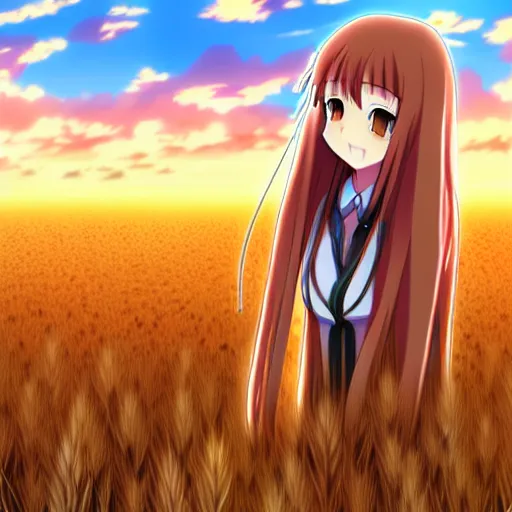 anime illustration of Holo from Spice and Wolf standing in a wheat field at sunset, Holo anime illustration of Holo from Spice and Wolf standing in a wheat field at sunset, Holo