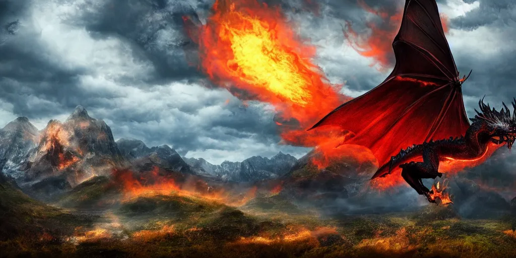 a powerful flying black fire Dragon spitting fire in the foreground, big Mountains and wide forrests a powerful flying black fire Dragon spitting fire in the foreground, big Mountains and wide forrests
