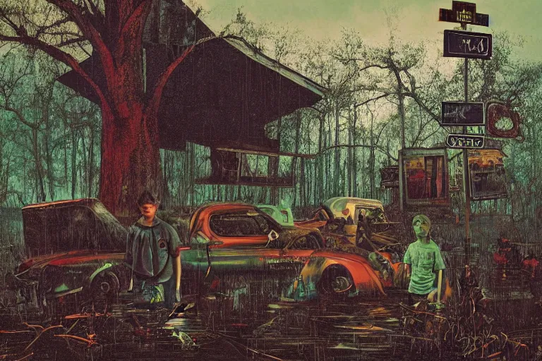 KREA scene from louisiana swamps, portrait, voodoo cult, old protestant church with neon