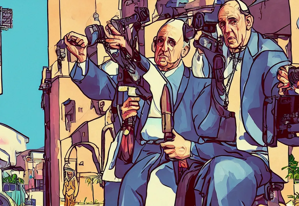 KREA pope francis in grand theft auto loading screen, gta art style