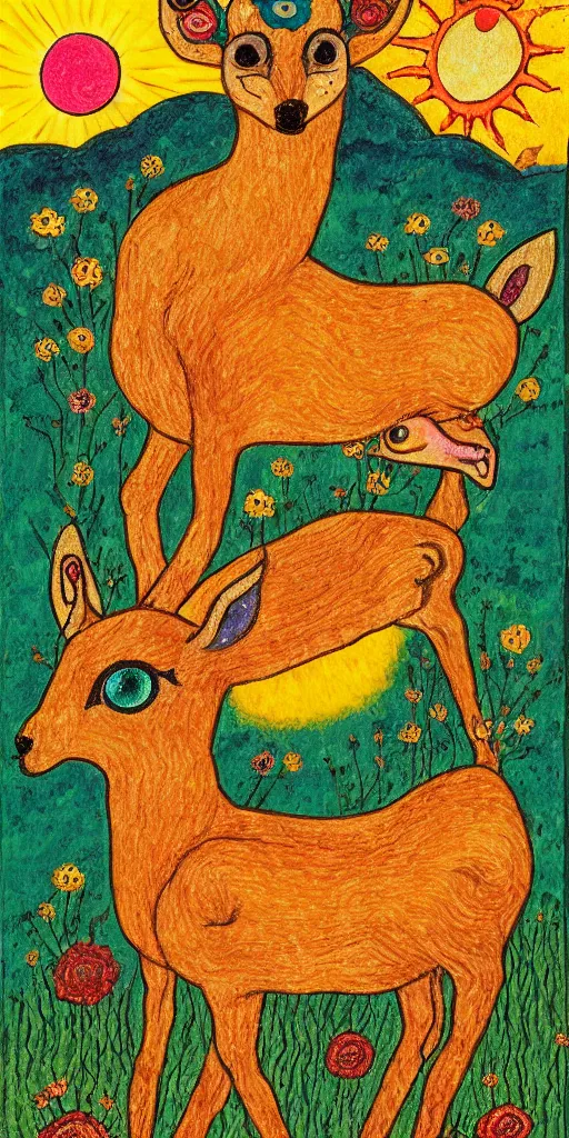 tiny golden deer glowing eyes and sun ray mane holding lit matches and singing, children's book tiny golden deer glowing eyes and sun ray mane holding lit matches and singing, children's book
