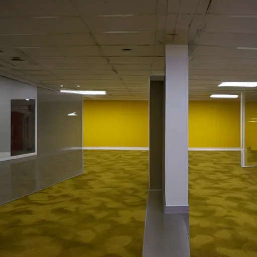 KREA The backrooms, a yellow infinite empty office space with long