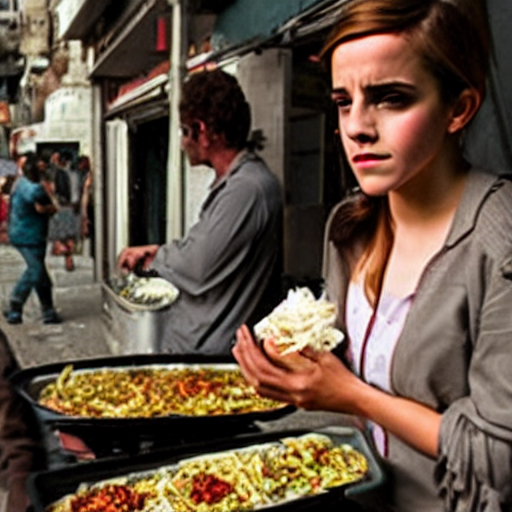 KREA an exhausted Emma Watson selling kebab at a shady street corner