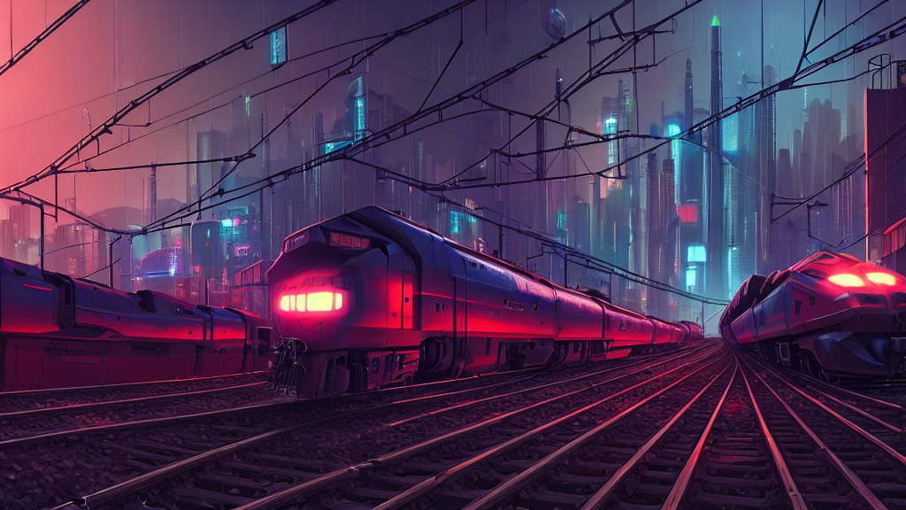 cyberpunk on railroad through cyberpunk industrial site. cyberpunk factories