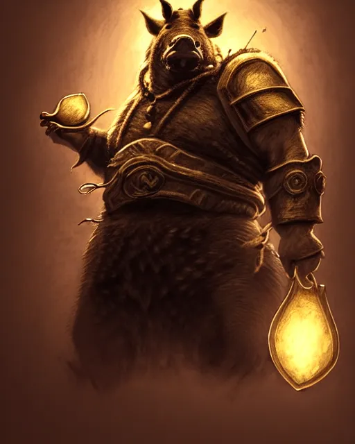 Boar Mercenary holding gold bag, medium shot, fear, D&D, artstation