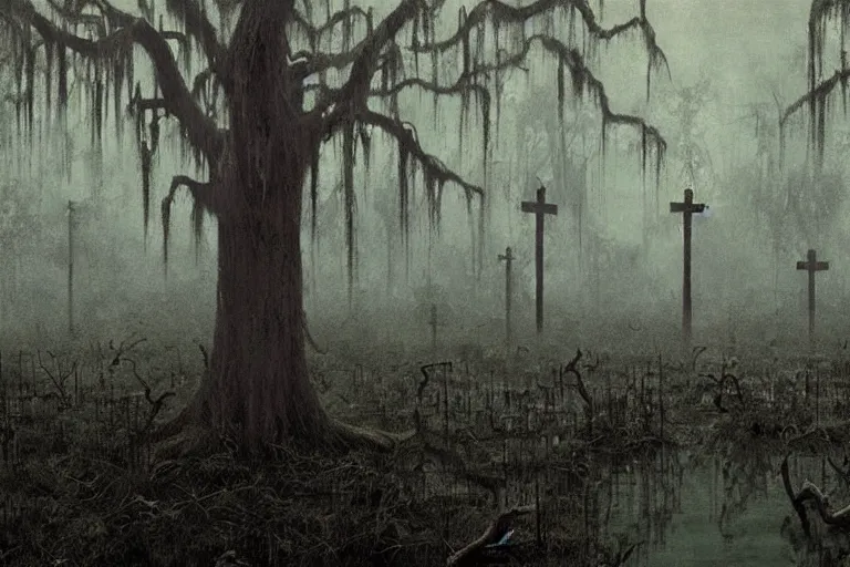 KREA scene from louisiana swamps, graveyard, voodoo, artwork by tim eitel