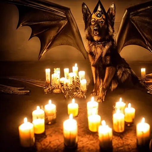 KREA gothic ritual with many golden candles, german shepherd with