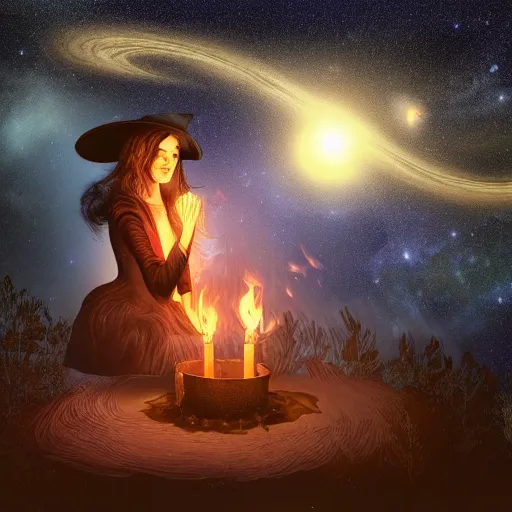 old witch looking into a flame under the night sky, stars and planets, photorealistic, high detail, old witch looking into a flame under the night sky, stars and planets, photorealistic, high detail,