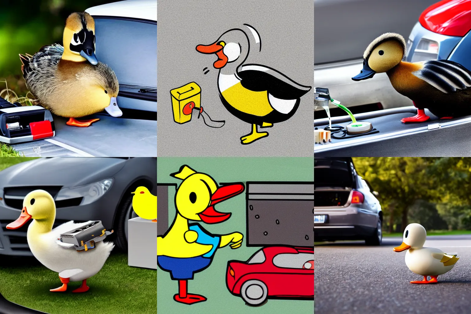 a cartoon duck licking a car battery a cartoon duck licking a car battery