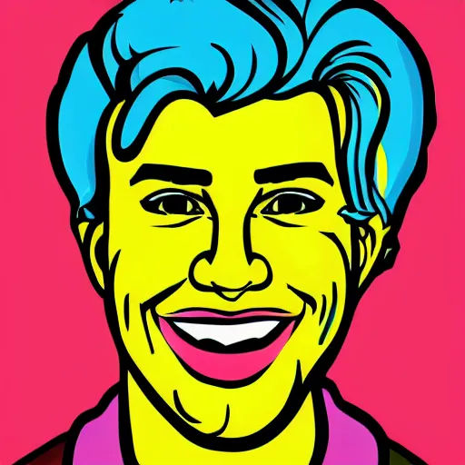 handsome male, big chin, smile, colorful pop art style, cartoon style handsome male, big chin, smile, colorful pop art style, cartoon style