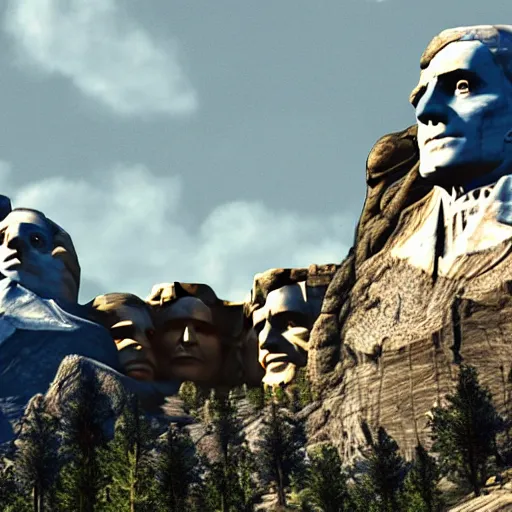 KREA mount rushmore in ruins post nuclear war in fallout 4, in game
