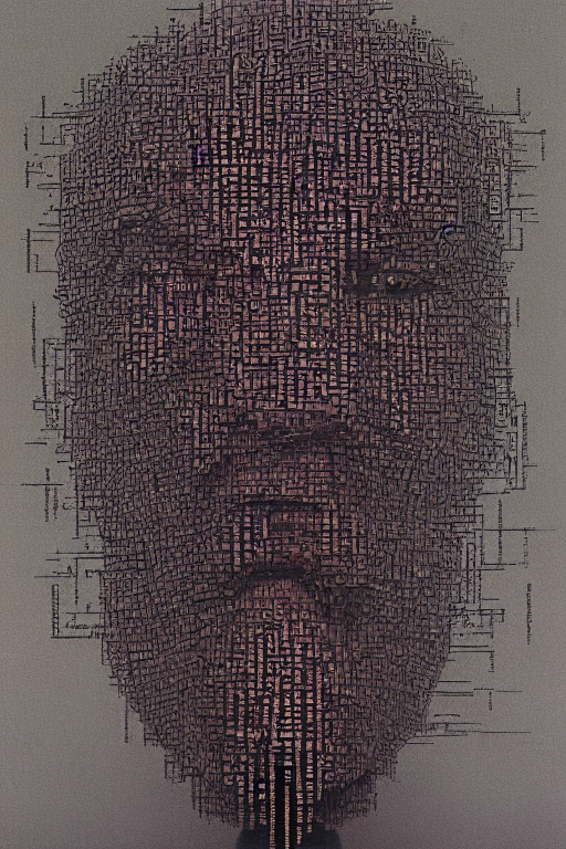 KREA - ascii art, hyperrealism oil painting, portrait scary ai weiwei