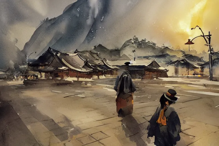 paint brush strokes, abstract watercolor painting of japanese village at nightfall, lantern, ambient lighting, art by paint brush strokes, abstract watercolor painting of japanese village at nightfall, lantern, ambient lighting, art by