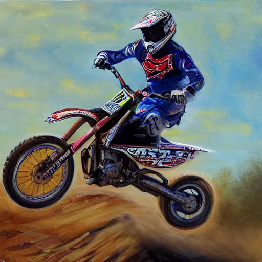 KREA motocross rider on dirt jump, painting by jerome bosch