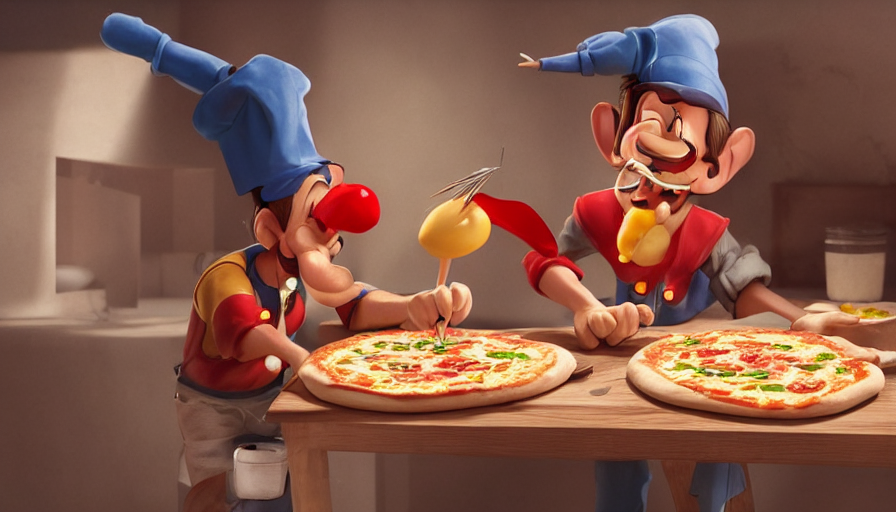 pinocchio making pizza, photorealistic rendering. artstation, 4 k