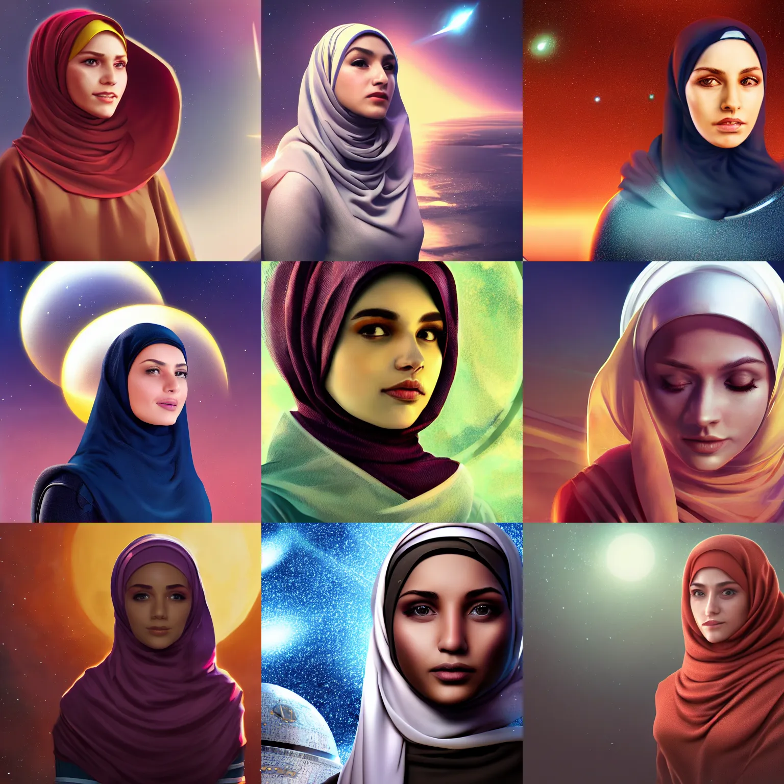 KREA - A young woman wearing a hijab as a starship captain, digital sci-fi  art, high quality, 4k, award winning, trending on ArtStation