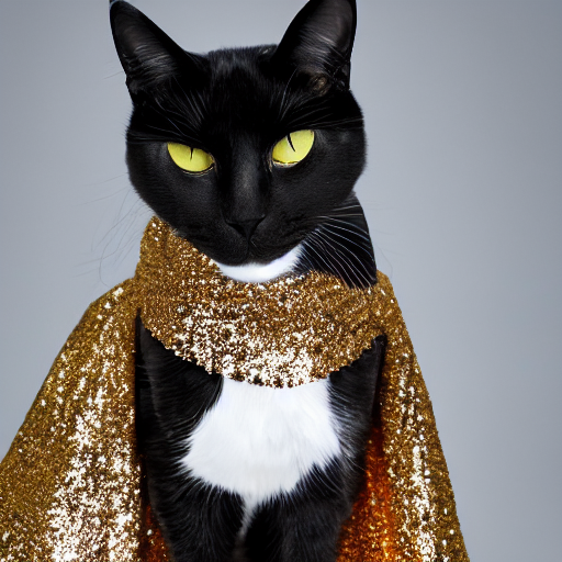 a photo of a cat wearing a sequined cape, hyperrealistic, textured