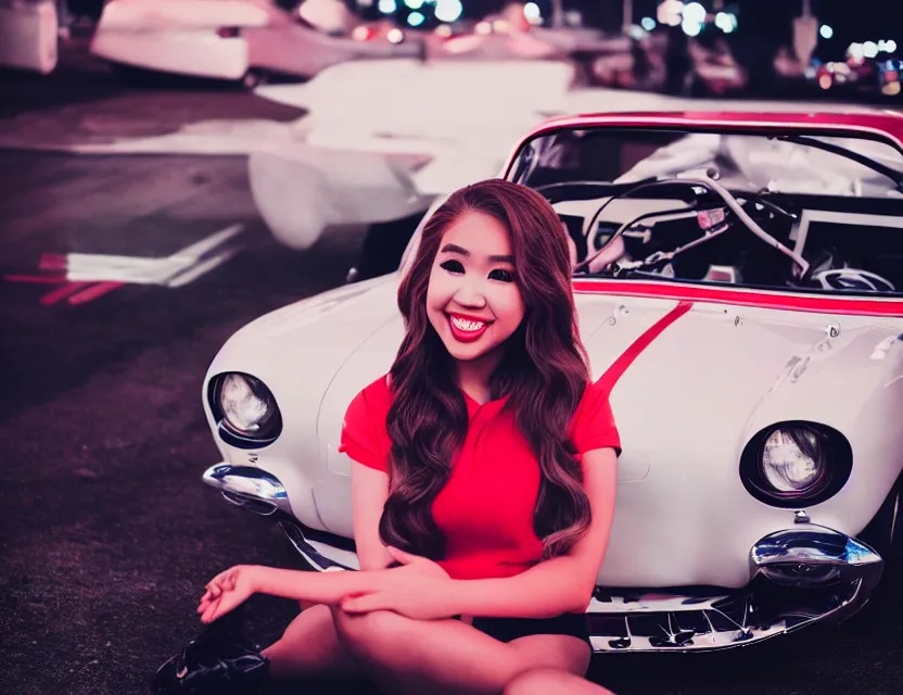 KREA twitch streamer Pokimane as a 1960s race car driver, by Brandon Woelfel, symmetrical face