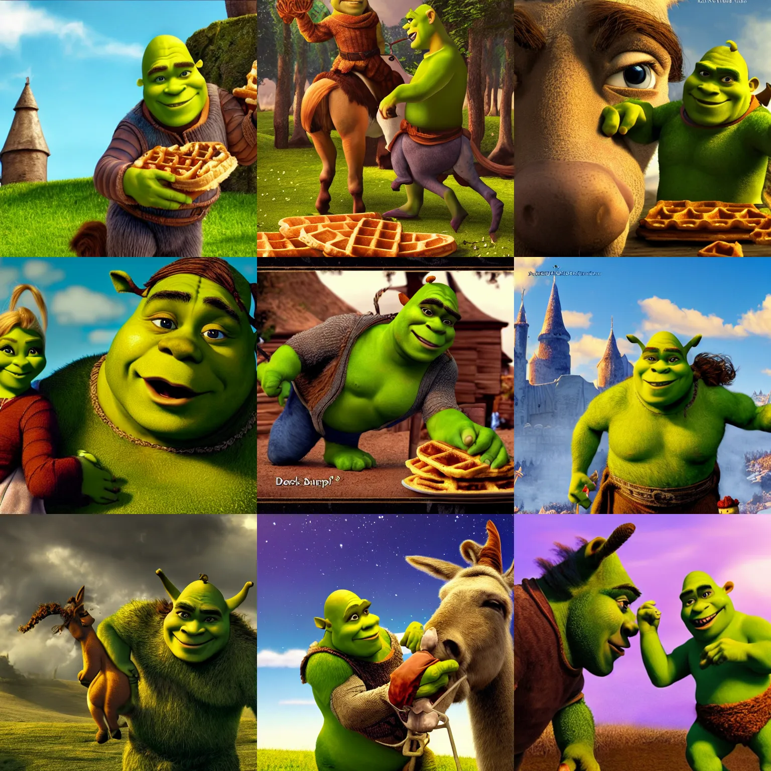 KREA Shrek riding on Donkey while eating waffles, movie poster