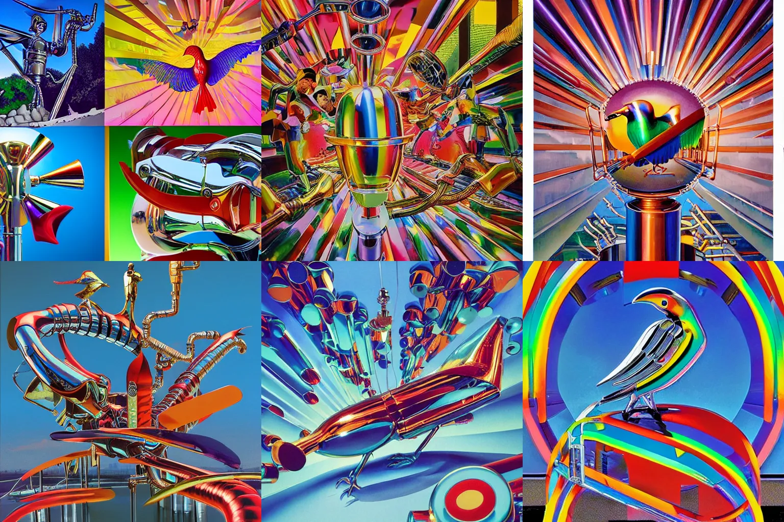 KREA A propaganda, chrome mechanical parrot made from chrome tubes by moebius, by david