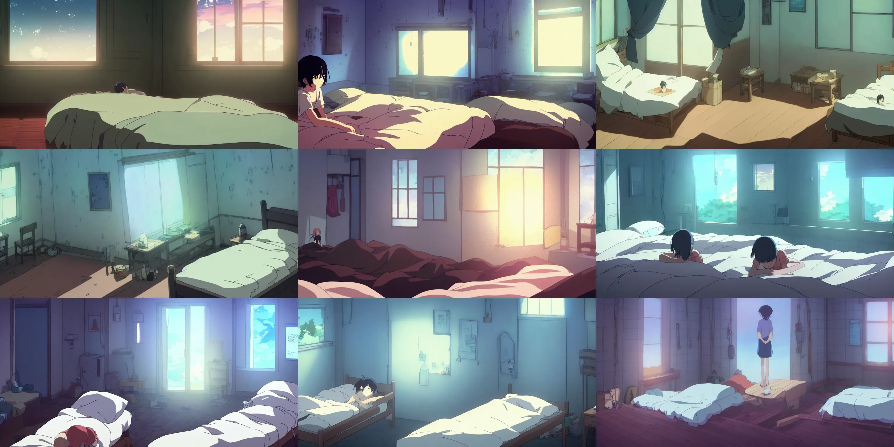 comfortable and empty badroom, a close - up, digital art, illustrations, by makoto shinkai and studio ghibli, comfortable and empty badroom, a close - up, digital art, illustrations, by makoto shinkai and studio ghibli,