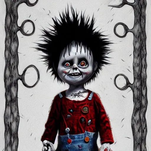 a macabre chucky by tim burton and chris leib, from nightmare before christmas | detailed | a macabre chucky by tim burton and chris leib, from nightmare before christmas | detailed |