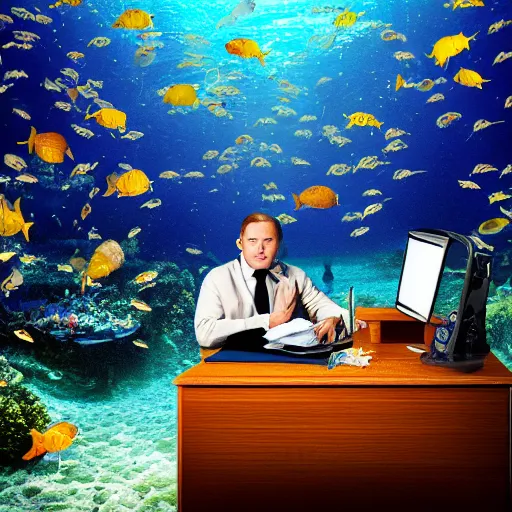 KREA portrait of underwater lawyer sitting in lawyer's desk wearing