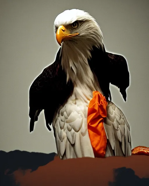 KREA closeup portrait of a bald eagle standing on donald trumps head